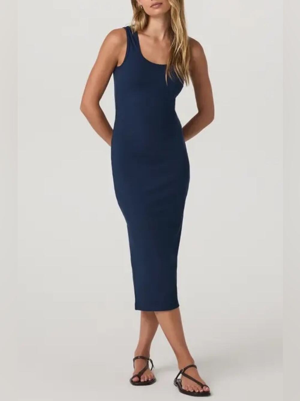 Vuori Pose Scoop Neck Midi Dress in Blue Coast L